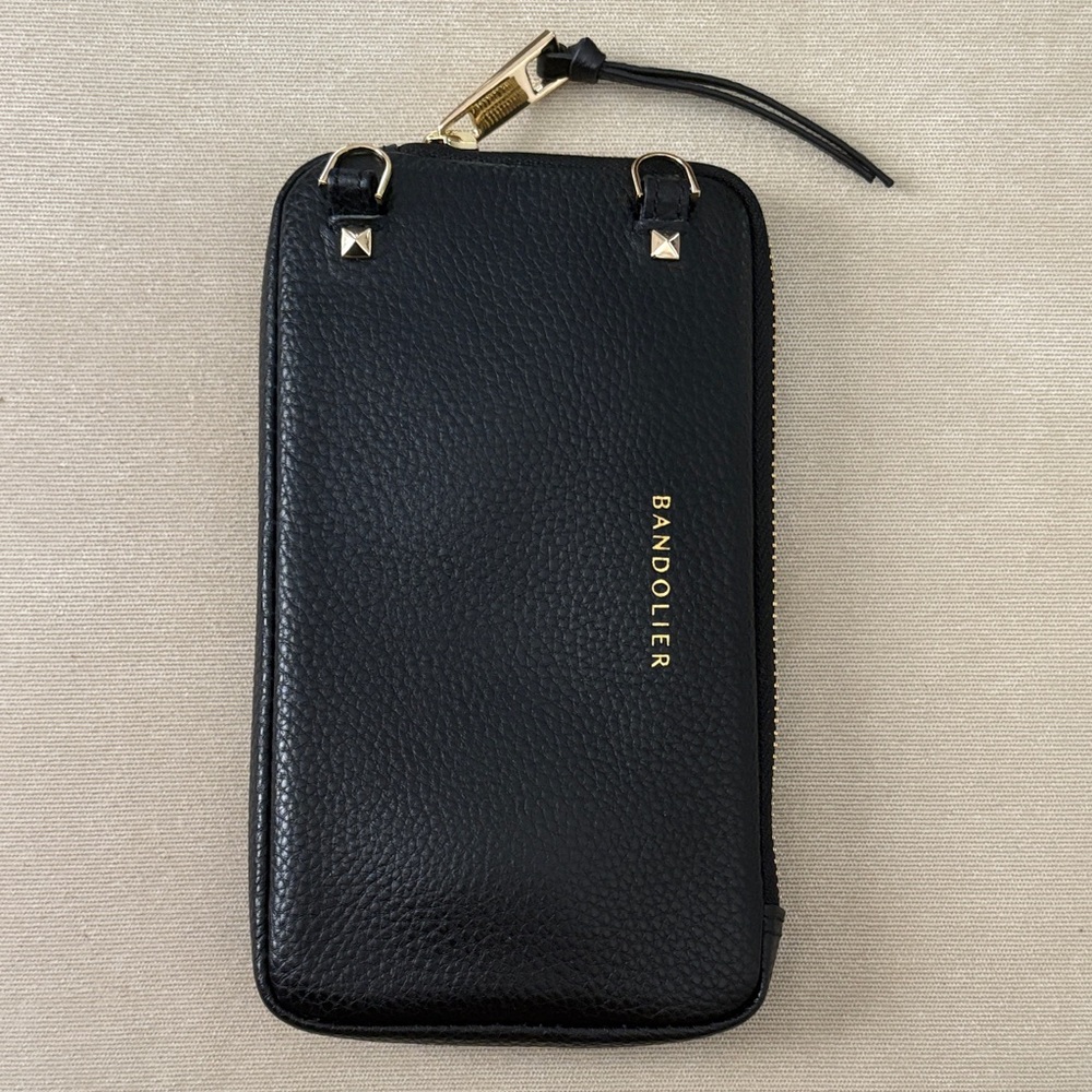 Bandolier Black Leather Phone Pouch with Gold Accents